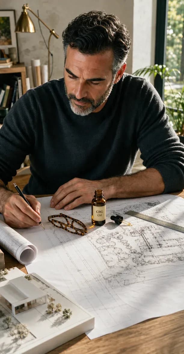 CBG oil for focus, dropper bottle on an architect's drawing table with a scale ruler, glasses and a house model