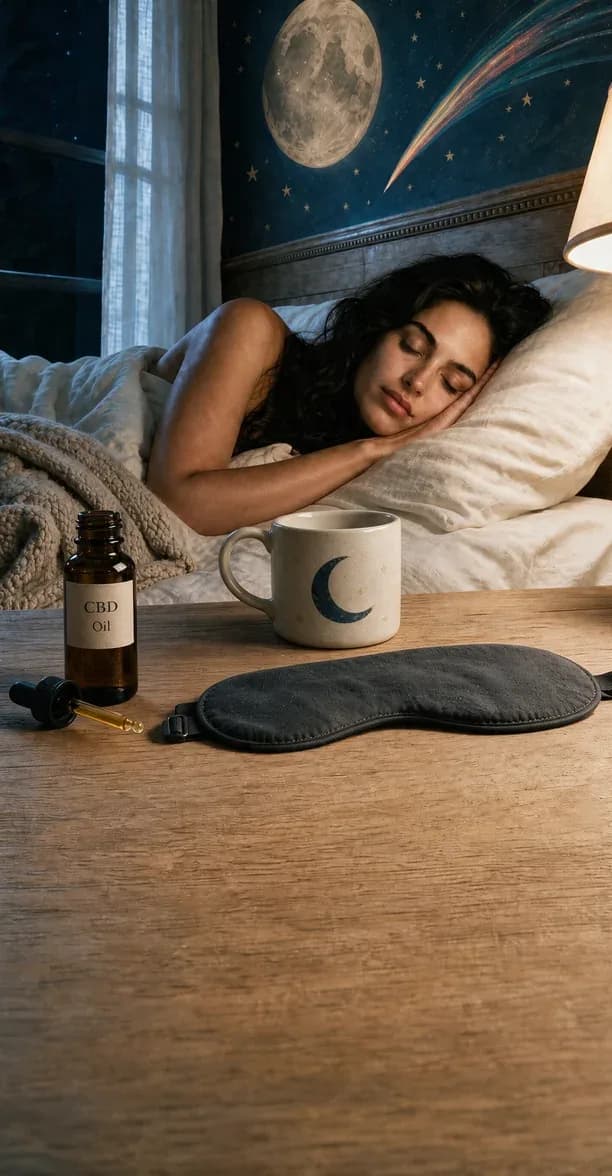 CBD and CBN oil for sleep and rest, dropper bottle on a bedside table with a sleep mask, a woman asleep behind