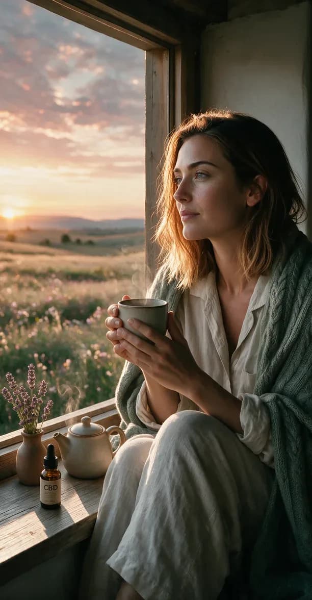 CBD oil for calm and relax, dropper bottle on a windowsill, a woman with herbal tea at an open window at sunset