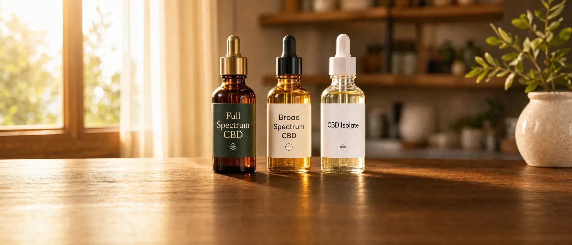 Three bottles of CBD oil on a wooden table — full spectrum, broad spectrum and isolate