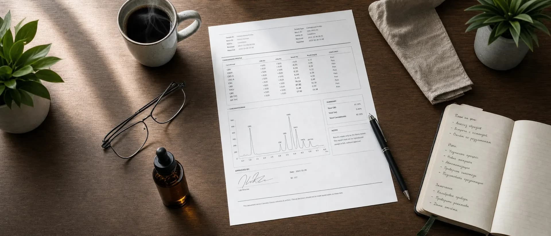 A laboratory report on a desk beside glasses, coffee and a dropper bottle