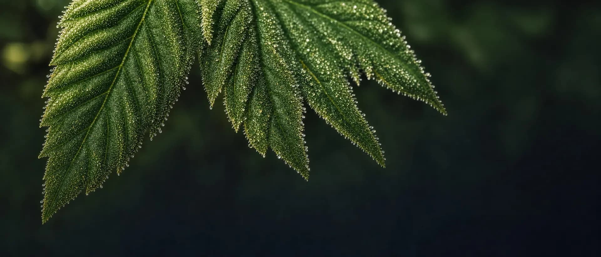 A hemp leaf covered in dew against a dark background