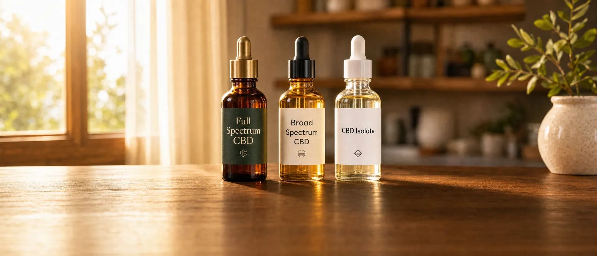 Три флакона CBD масло на дървена маса — full spectrum, broad spectrum и изолат
